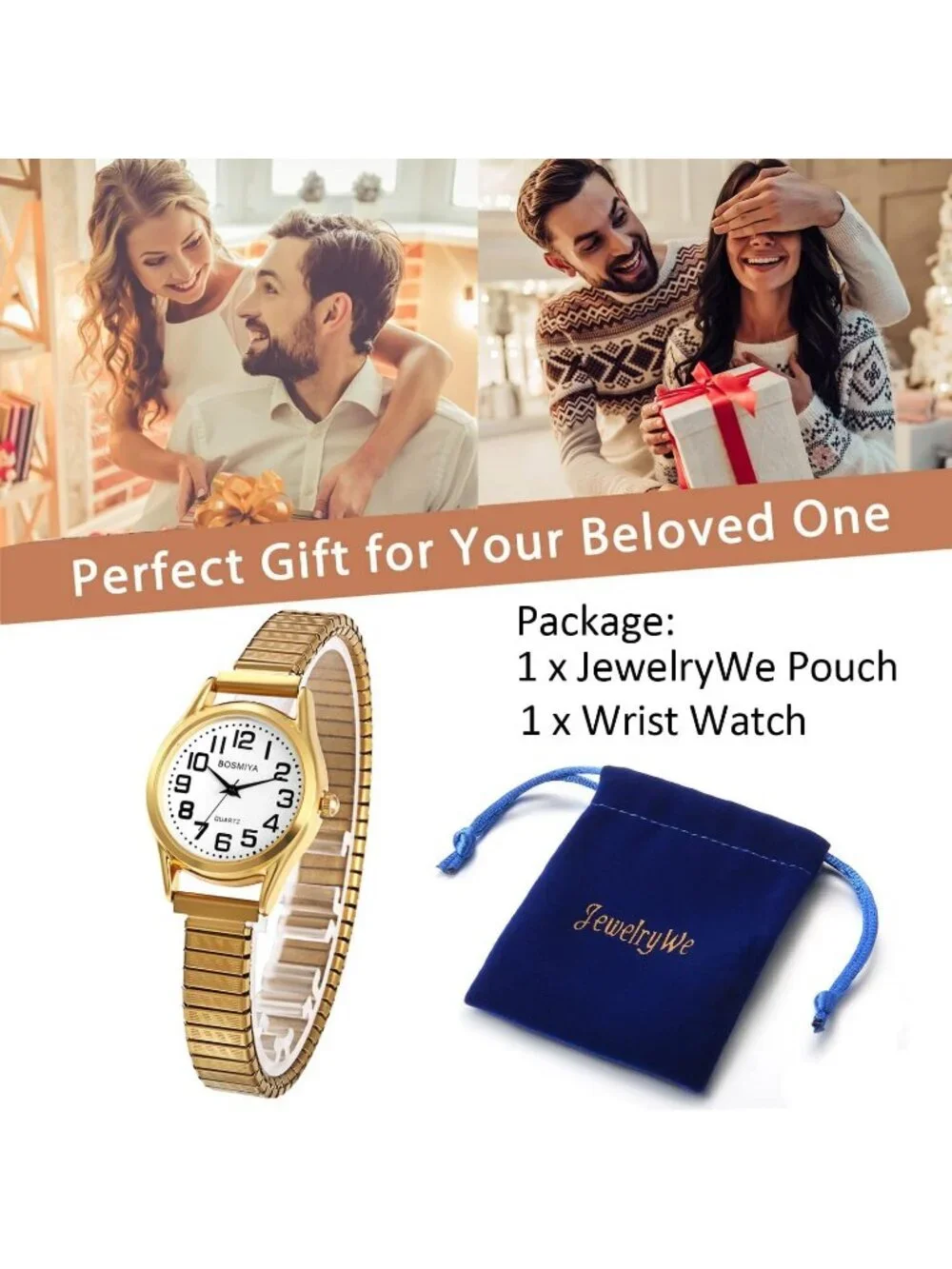 Women Gold And White Analog Quartz Big Dial Easy Reader Stretch Band Wrist Watch